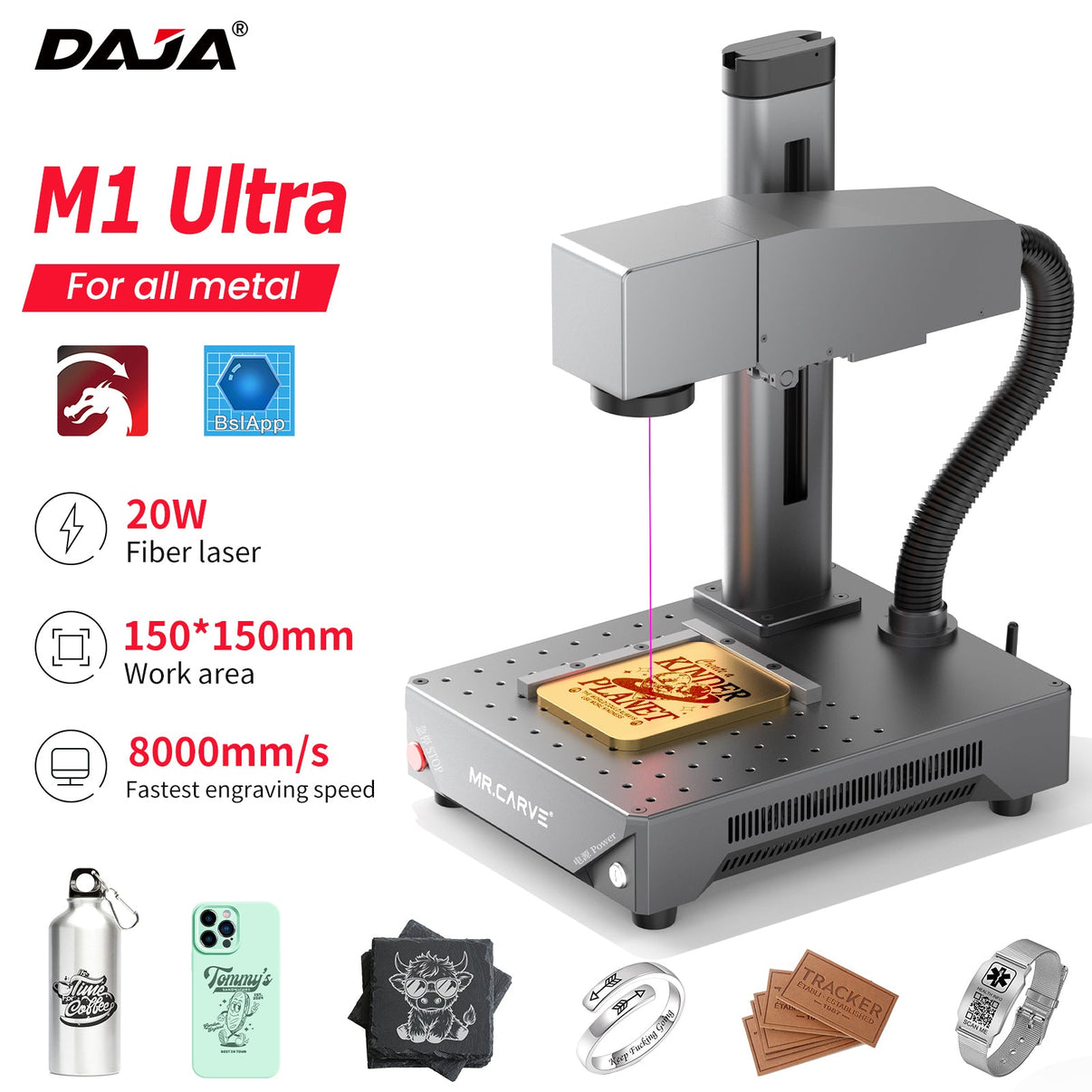 DAJA M1 Ultra Portable Fiber Laser Engraving Machine – High Precision Mini Laser Marker for iPhone, Android, Laptops, Jewelry – Engraves Stainless Steel, Gold, Silver, Brass, All Metals & Leather – DIY Gift Engraving - DAJA